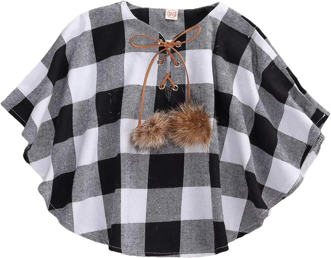 Toddler Baby Girl Christmas Outfits Plaid Poncho Coat Trench Bat Sleeve Pompom Cloak Cape Fall Winter Outwear