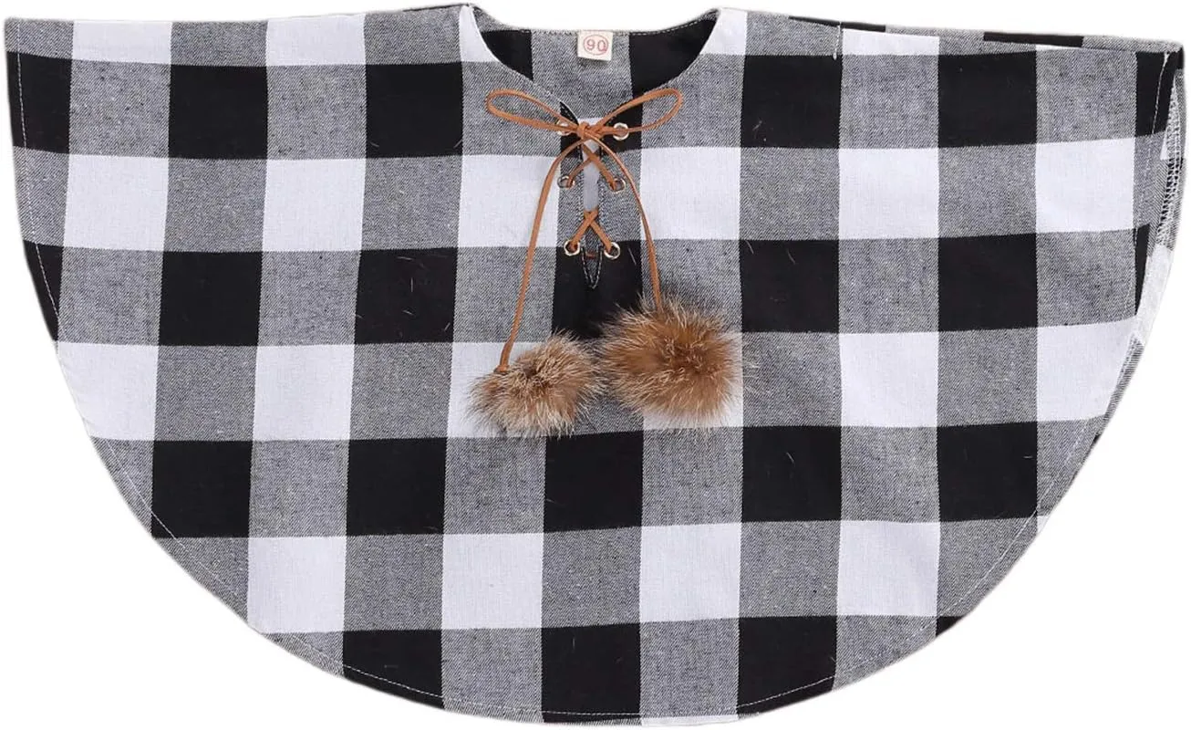 Toddler Baby Girl Christmas Outfits Plaid Poncho Coat Trench Bat Sleeve Pompom Cloak Cape Fall Winter Outwear