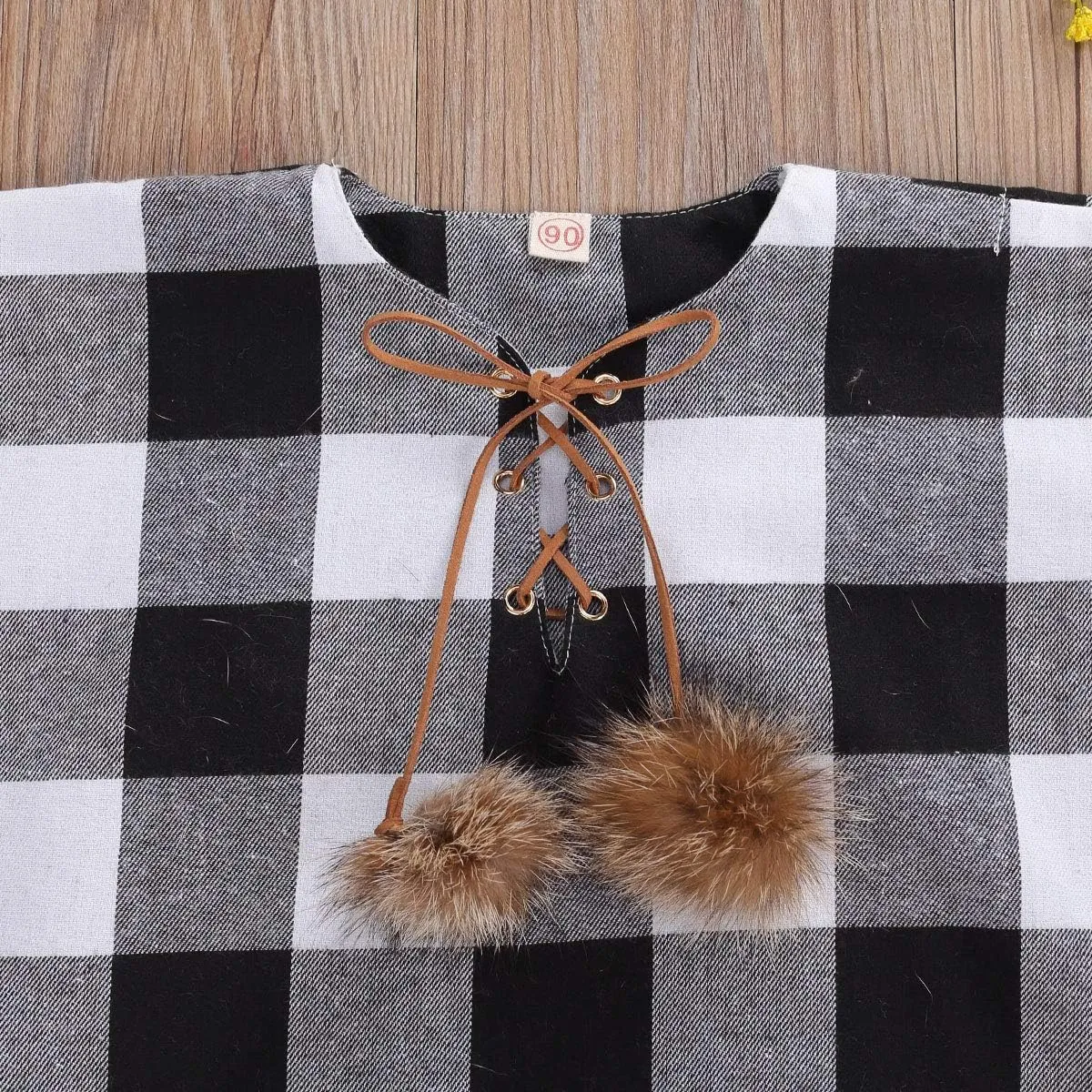 Toddler Baby Girl Christmas Outfits Plaid Poncho Coat Trench Bat Sleeve Pompom Cloak Cape Fall Winter Outwear