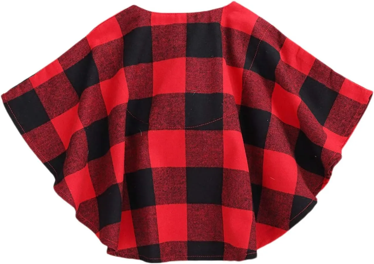 Toddler Baby Girl Christmas Outfits Plaid Poncho Coat Trench Bat Sleeve Pompom Cloak Cape Fall Winter Outwear