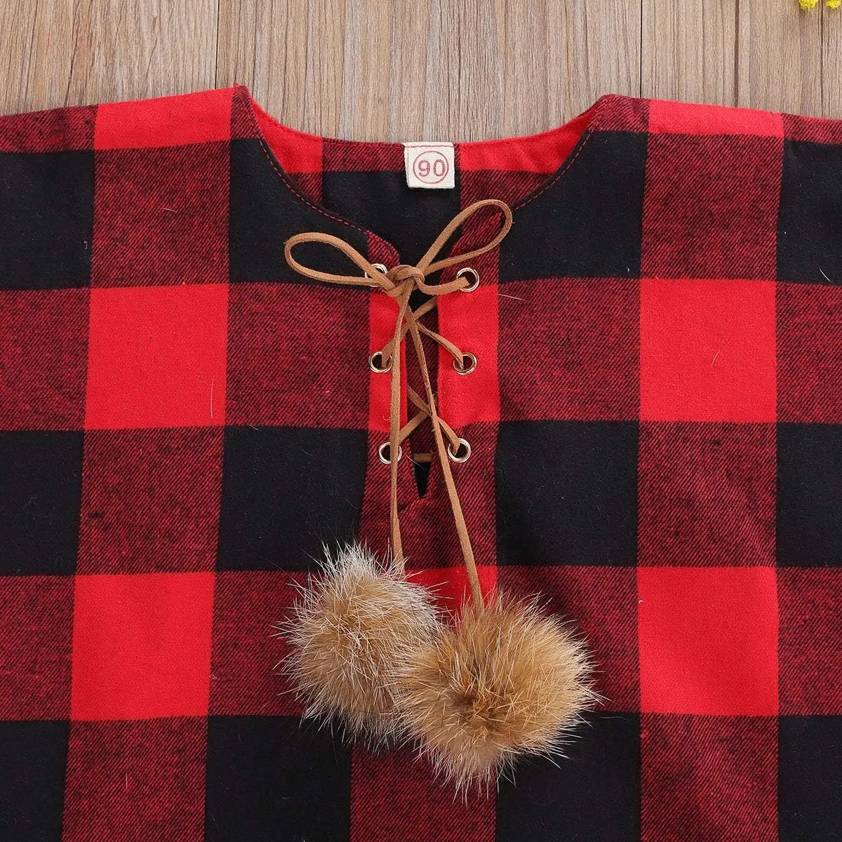 Toddler Baby Girl Christmas Outfits Plaid Poncho Coat Trench Bat Sleeve Pompom Cloak Cape Fall Winter Outwear