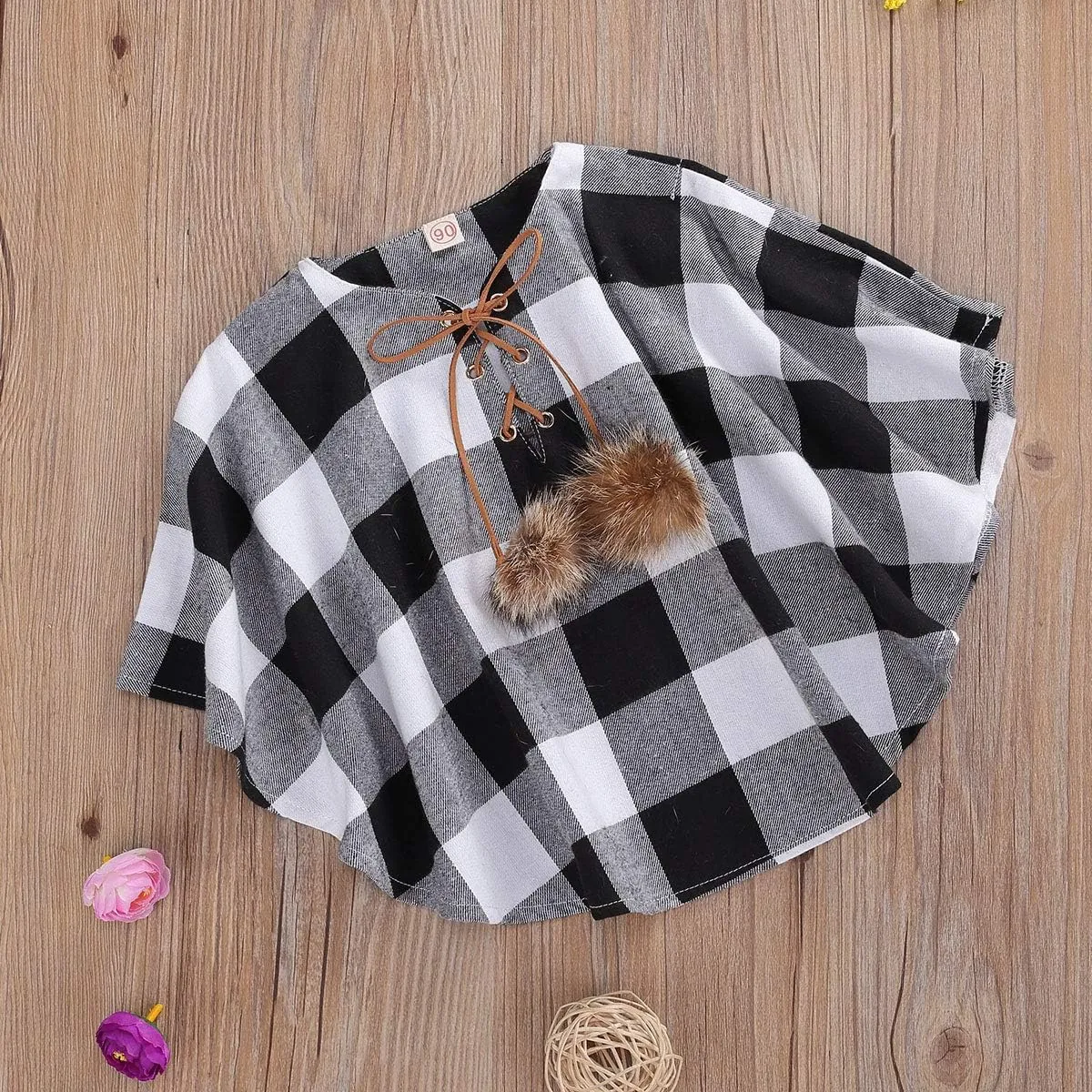 Toddler Baby Girl Christmas Outfits Plaid Poncho Coat Trench Bat Sleeve Pompom Cloak Cape Fall Winter Outwear