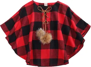 Toddler Baby Girl Christmas Outfits Plaid Poncho Coat Trench Bat Sleeve Pompom Cloak Cape Fall Winter Outwear