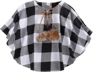 Toddler Baby Girl Christmas Outfits Plaid Poncho Coat Trench Bat Sleeve Pompom Cloak Cape Fall Winter Outwear