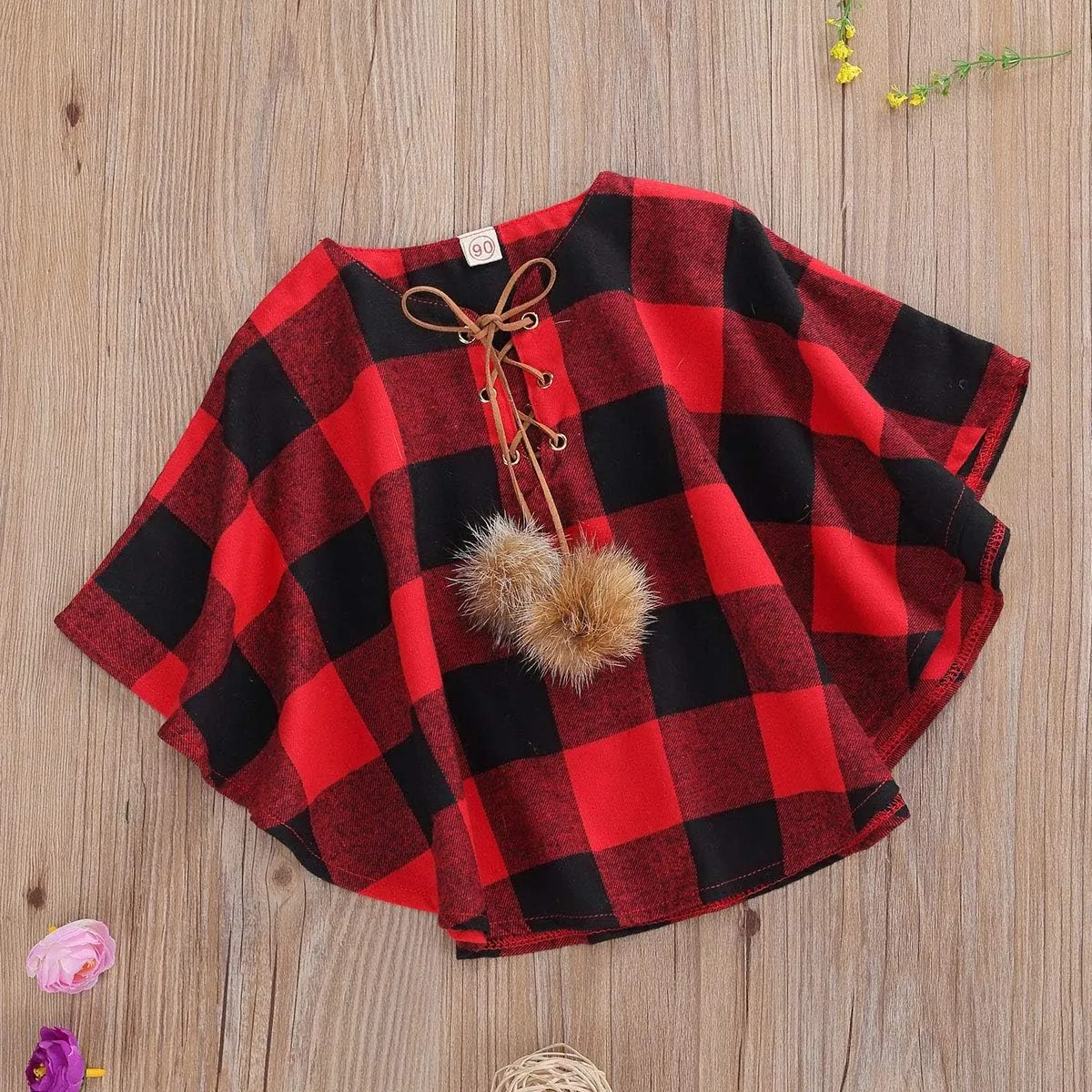 Toddler Baby Girl Christmas Outfits Plaid Poncho Coat Trench Bat Sleeve Pompom Cloak Cape Fall Winter Outwear