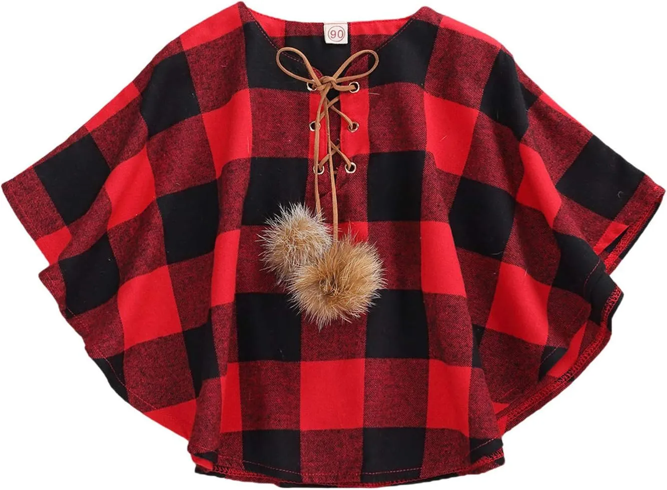 Toddler Baby Girl Christmas Outfits Plaid Poncho Coat Trench Bat Sleeve Pompom Cloak Cape Fall Winter Outwear
