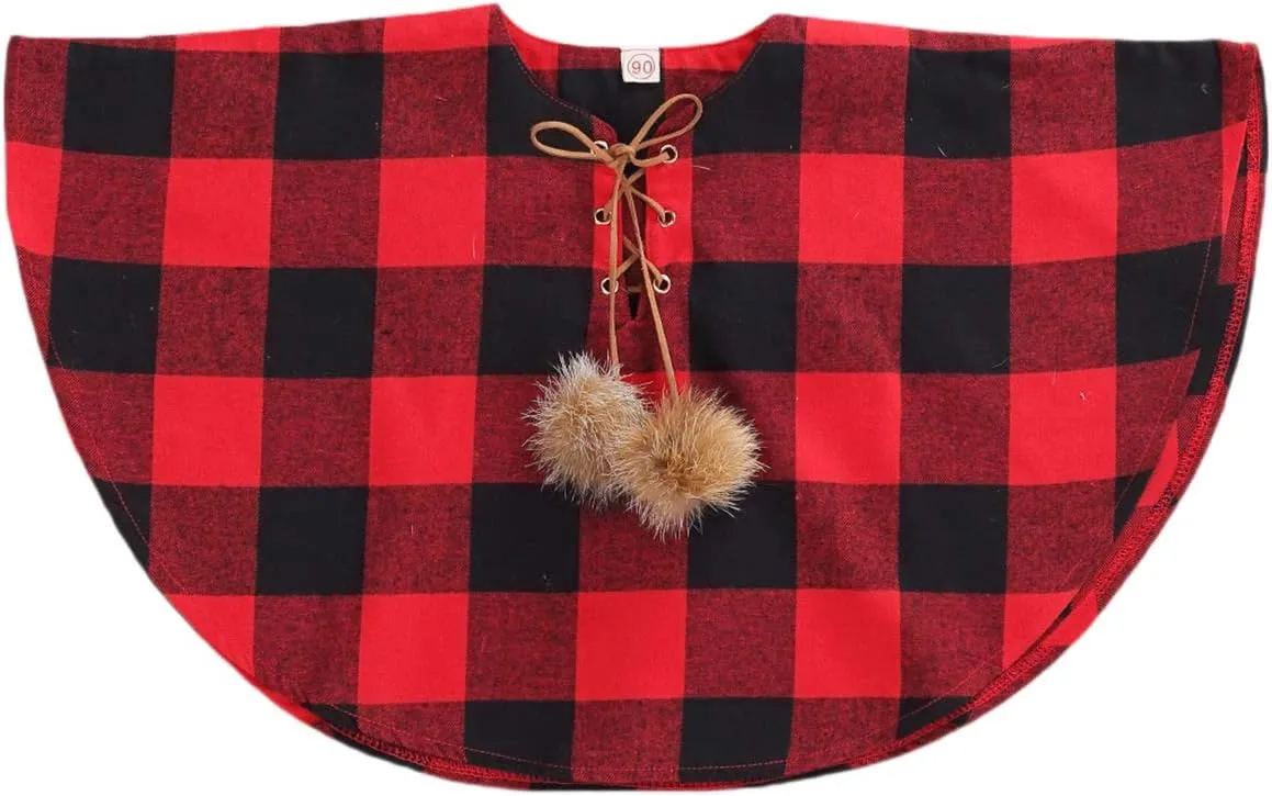 Toddler Baby Girl Christmas Outfits Plaid Poncho Coat Trench Bat Sleeve Pompom Cloak Cape Fall Winter Outwear