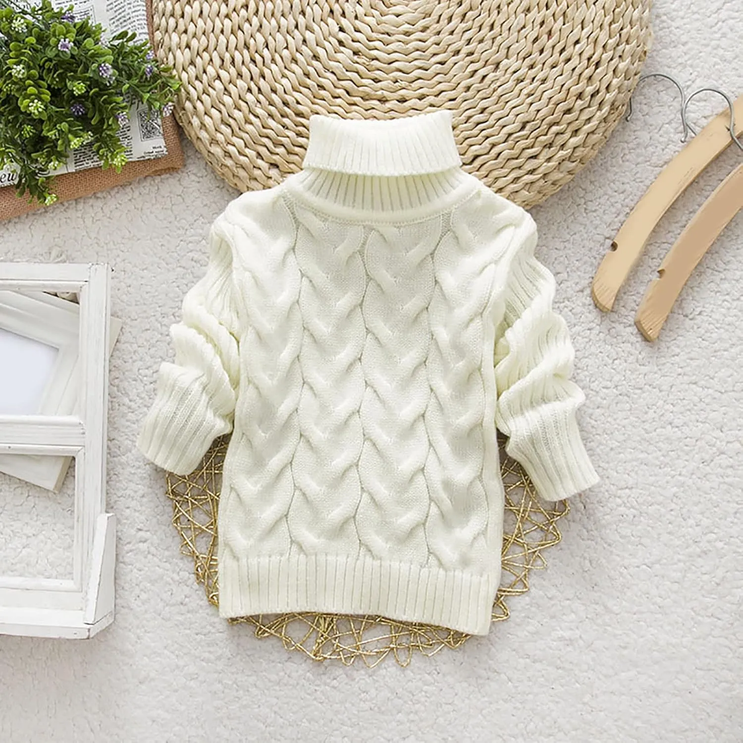 Toddler Solid Color Sweater Boys Girls Chunky Cable Knitted Turtleneck Tops Children's Autumn Winter Warm Pullover