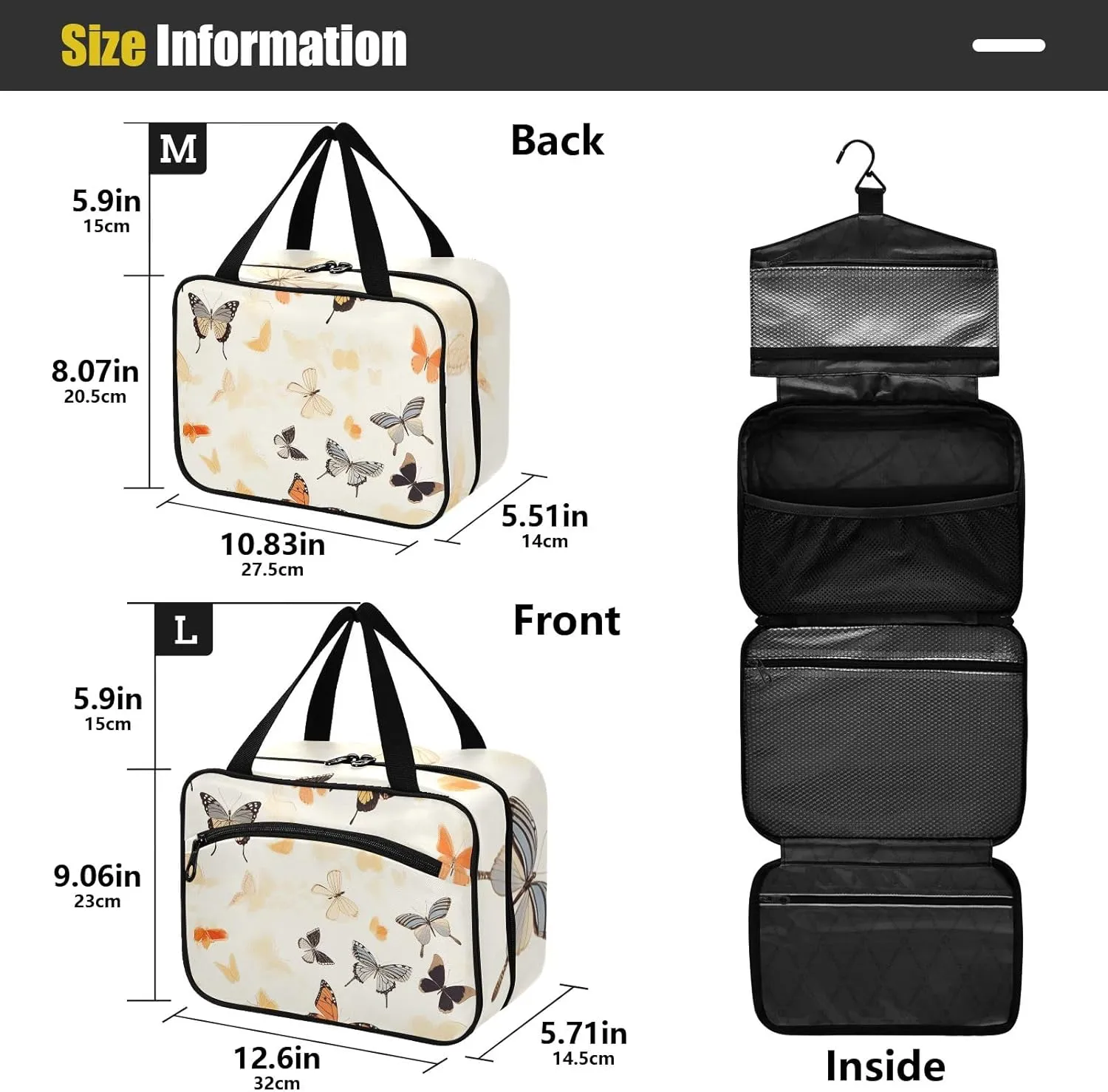 Toiletry Bag Cartoon Colorful Butterflies Hanging Makeup Organizer Water Resistant Cosmetic Bag