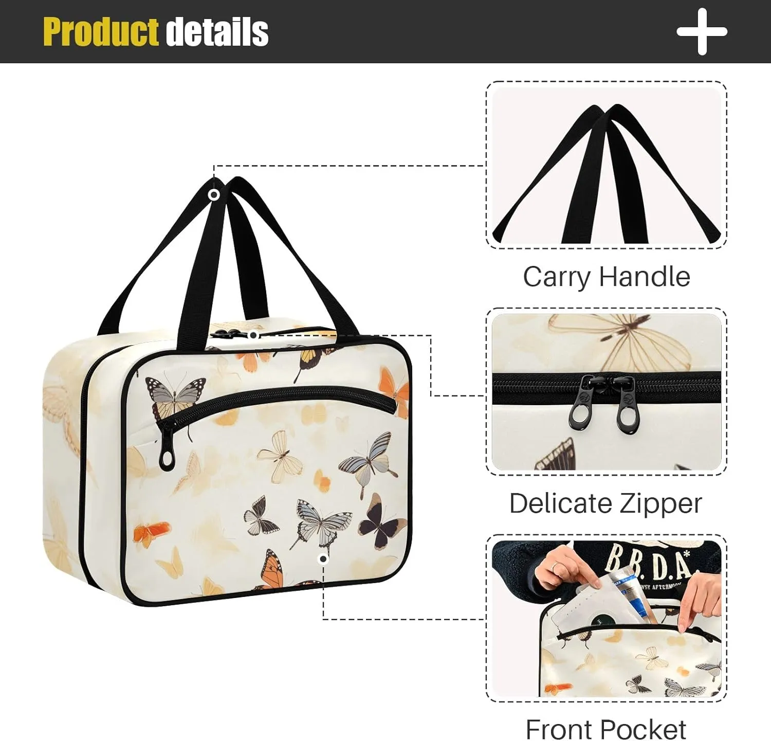 Toiletry Bag Cartoon Colorful Butterflies Hanging Makeup Organizer Water Resistant Cosmetic Bag