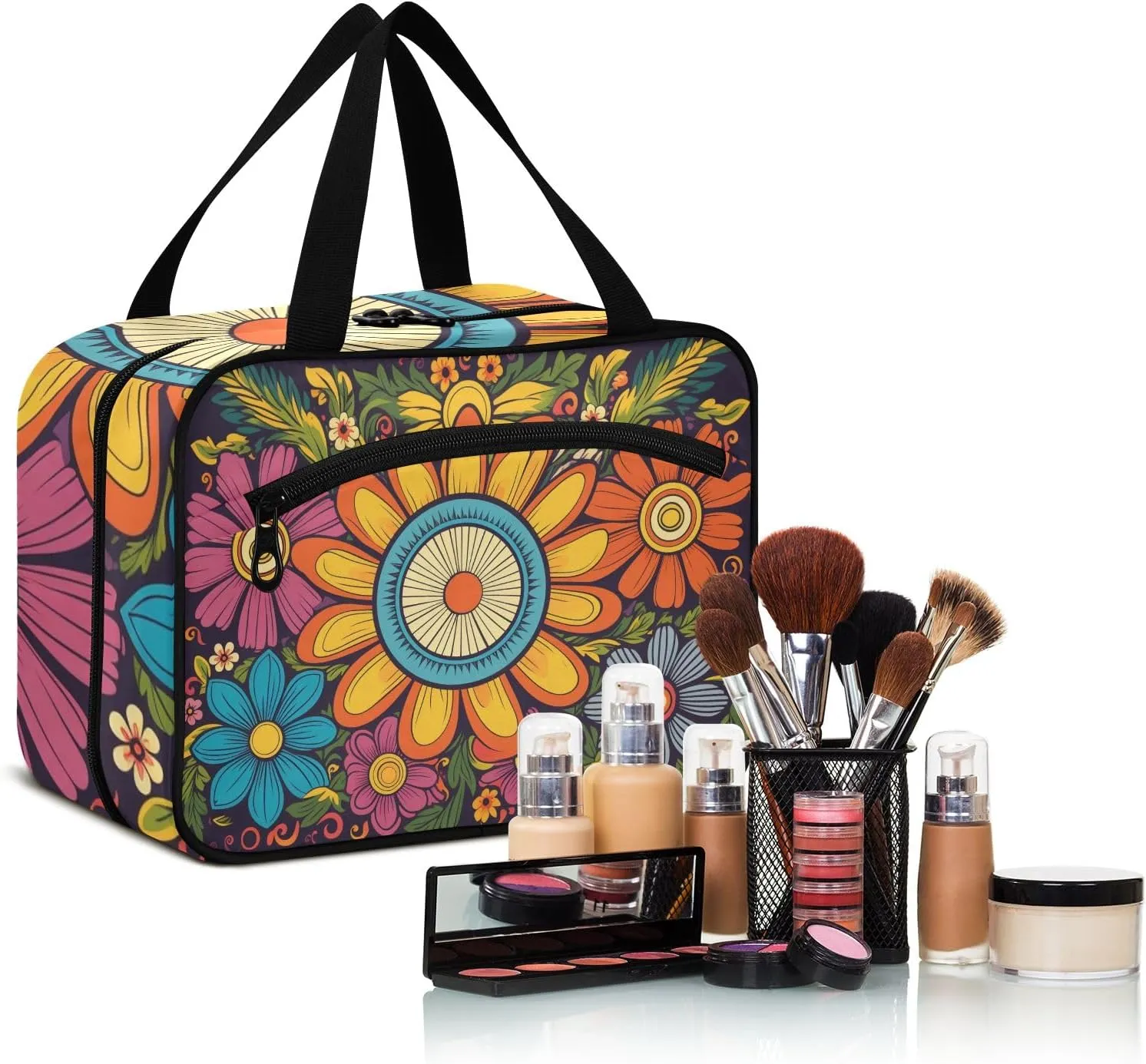 Toiletry Bag Cute Sun Flowers Pattern Hanging Makeup Organizer Water Resistant Cosmetic Bag