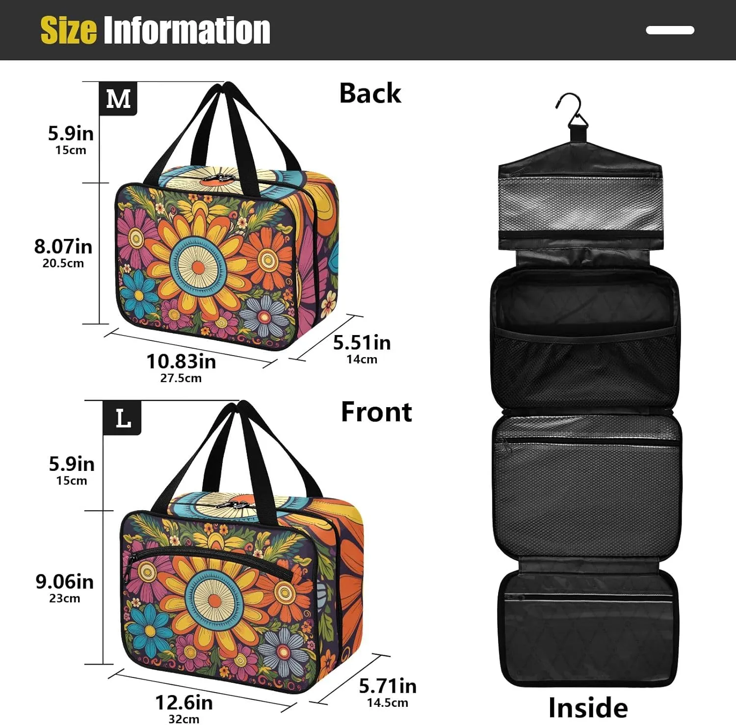 Toiletry Bag Cute Sun Flowers Pattern Hanging Makeup Organizer Water Resistant Cosmetic Bag