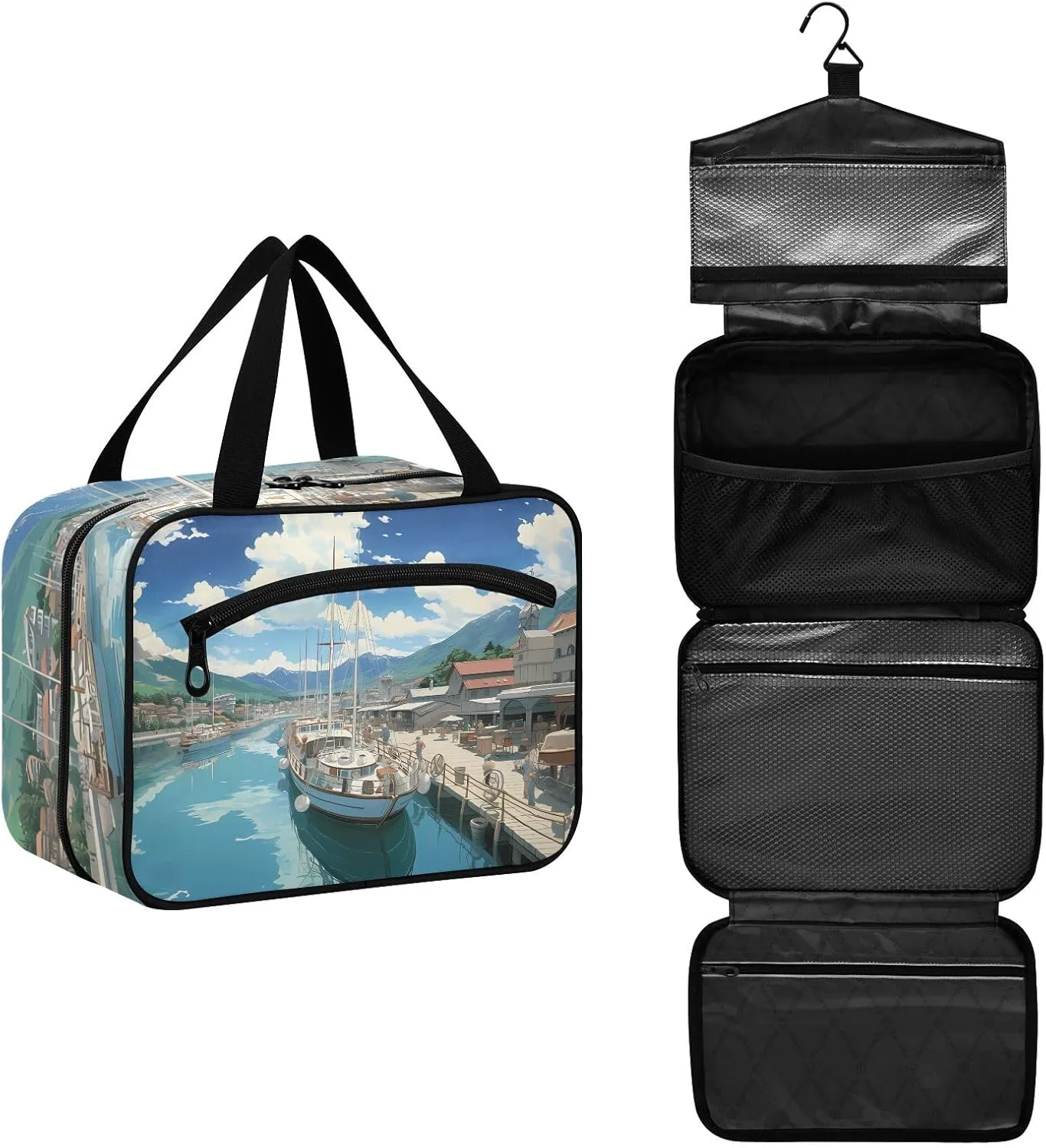 Toiletry Bag River Bank and Boat Hanging Makeup Organizer Water Resistant Cosmetic Bag