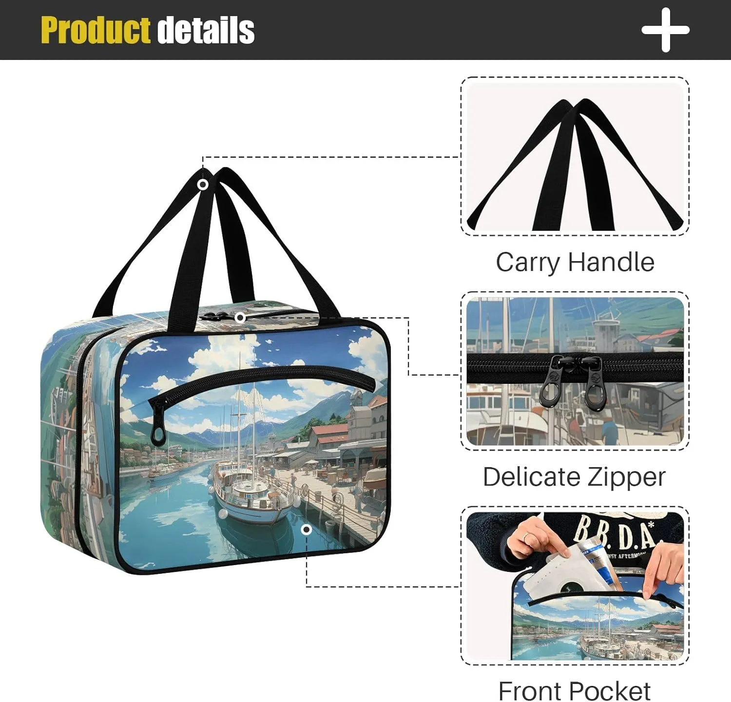 Toiletry Bag River Bank and Boat Hanging Makeup Organizer Water Resistant Cosmetic Bag