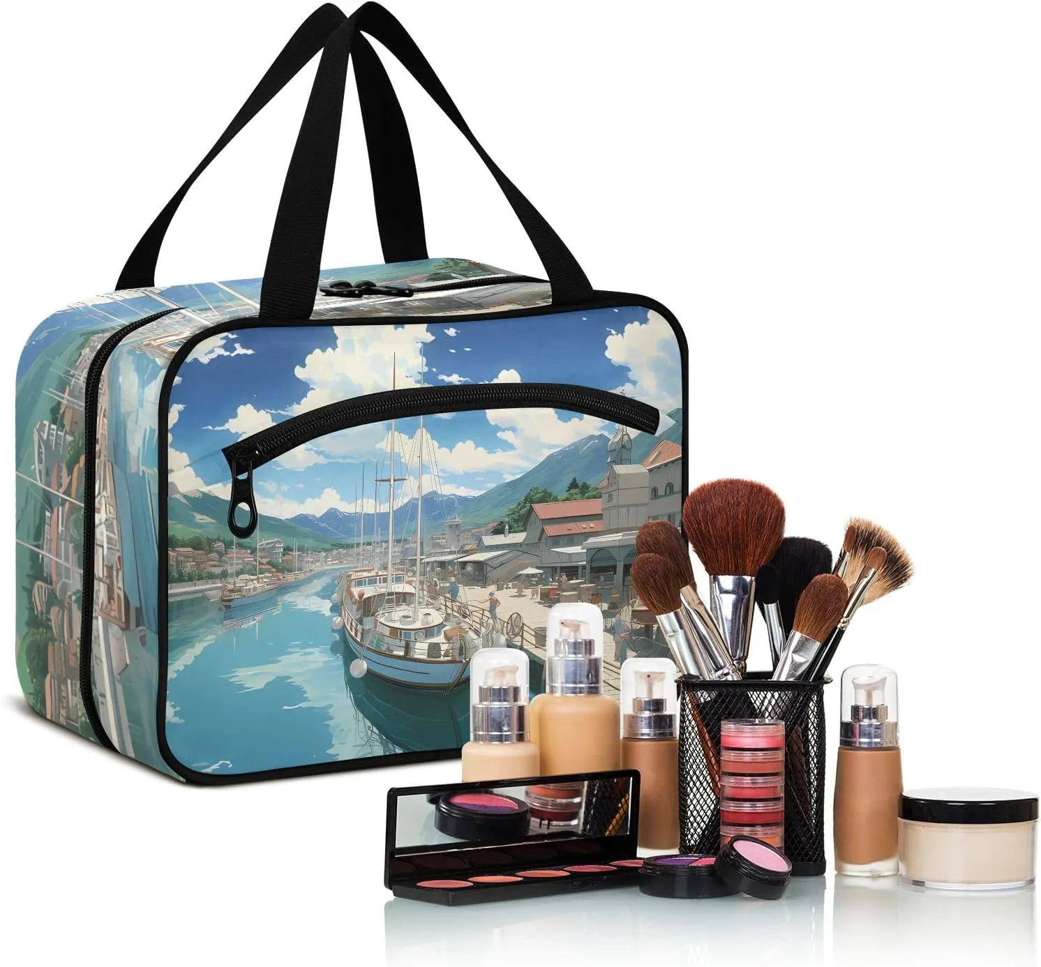 Toiletry Bag River Bank and Boat Hanging Makeup Organizer Water Resistant Cosmetic Bag