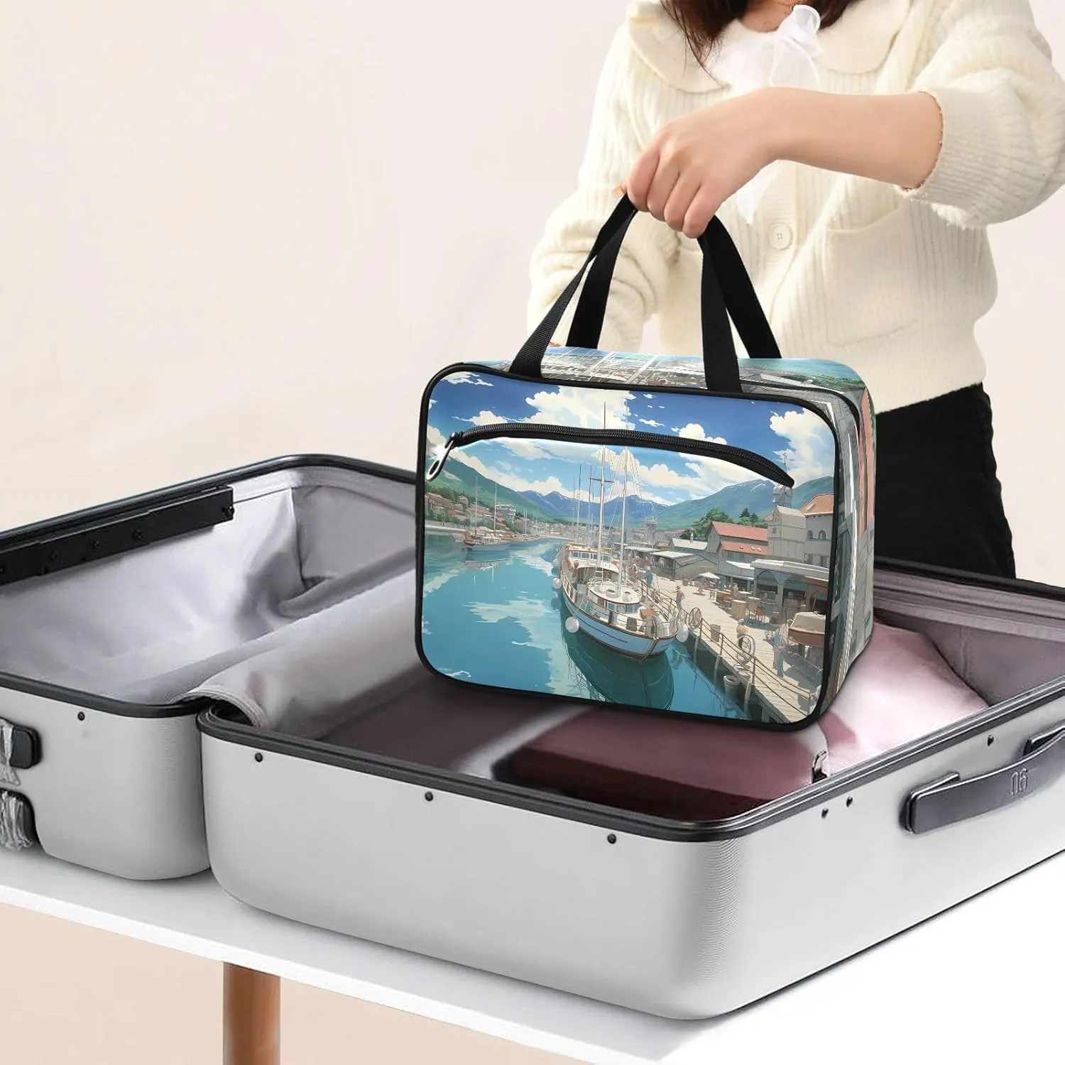 Toiletry Bag River Bank and Boat Hanging Makeup Organizer Water Resistant Cosmetic Bag