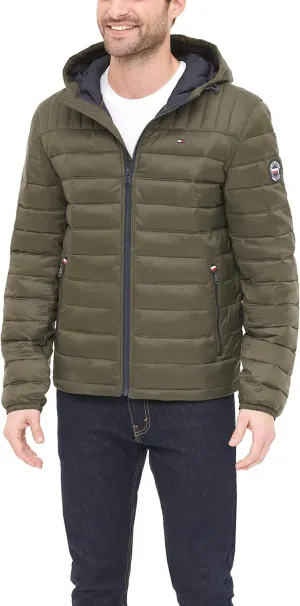 Tommy Hilfiger Men's Water Resistant Ultra Loft Filled Hooded Puffer Jacket, Olive, Small
