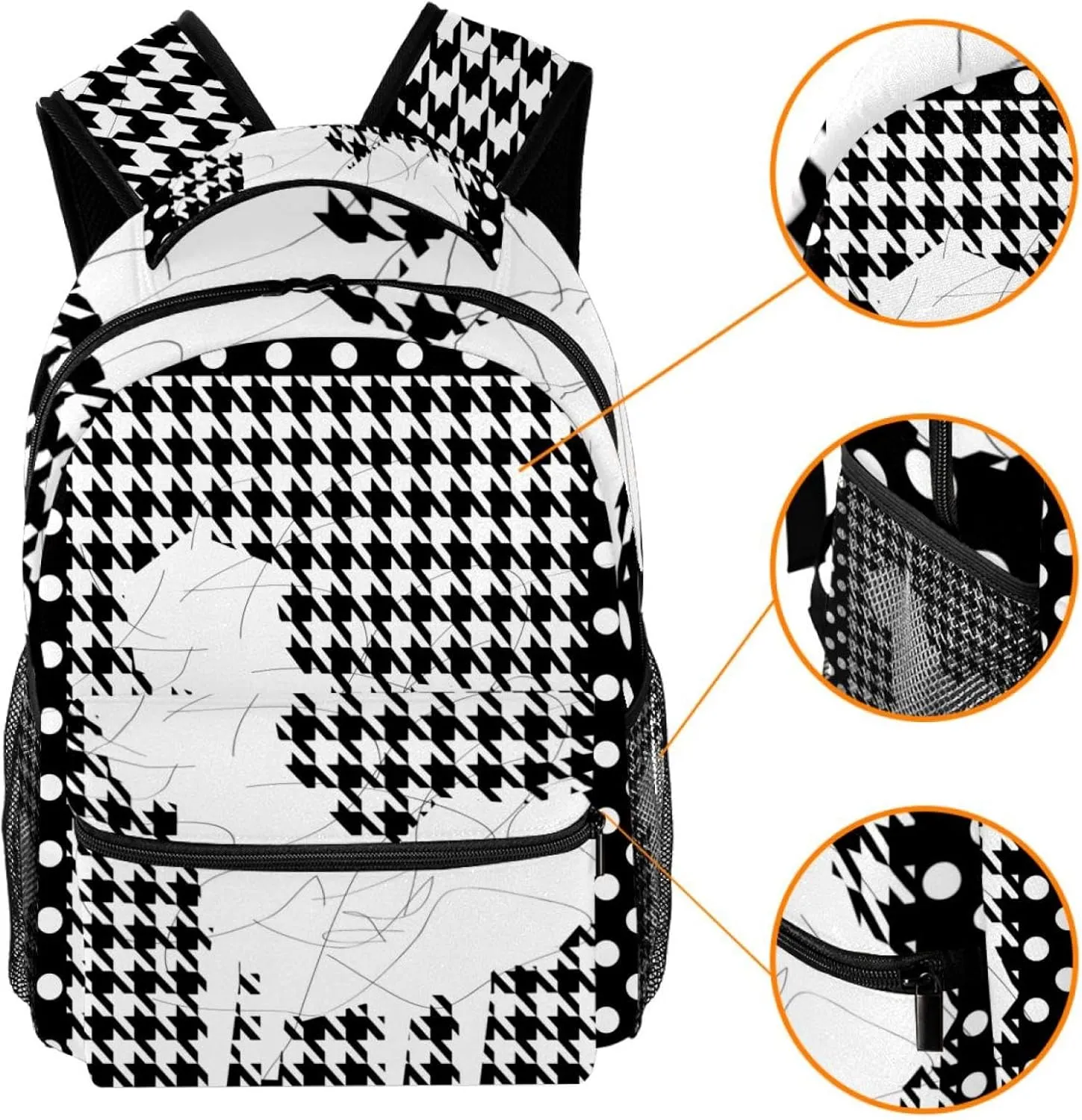 Travel Bag with Multiple Pockets for Men Women Backpack, Polka Dot Houndstooth and Cat