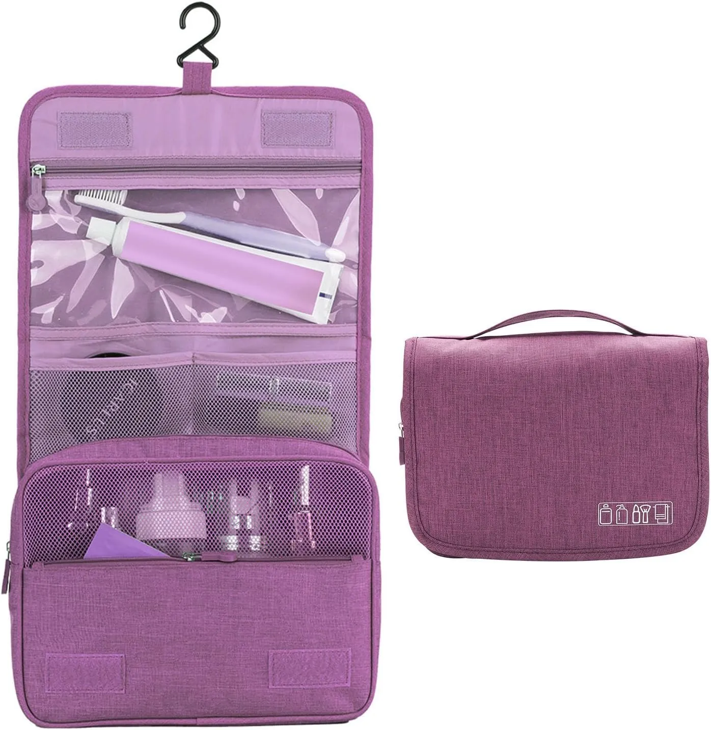 Travel Toiletry Bag with Hanging Hook, Water-resistant Makeup Cosmetic Bag (Grey), Purple