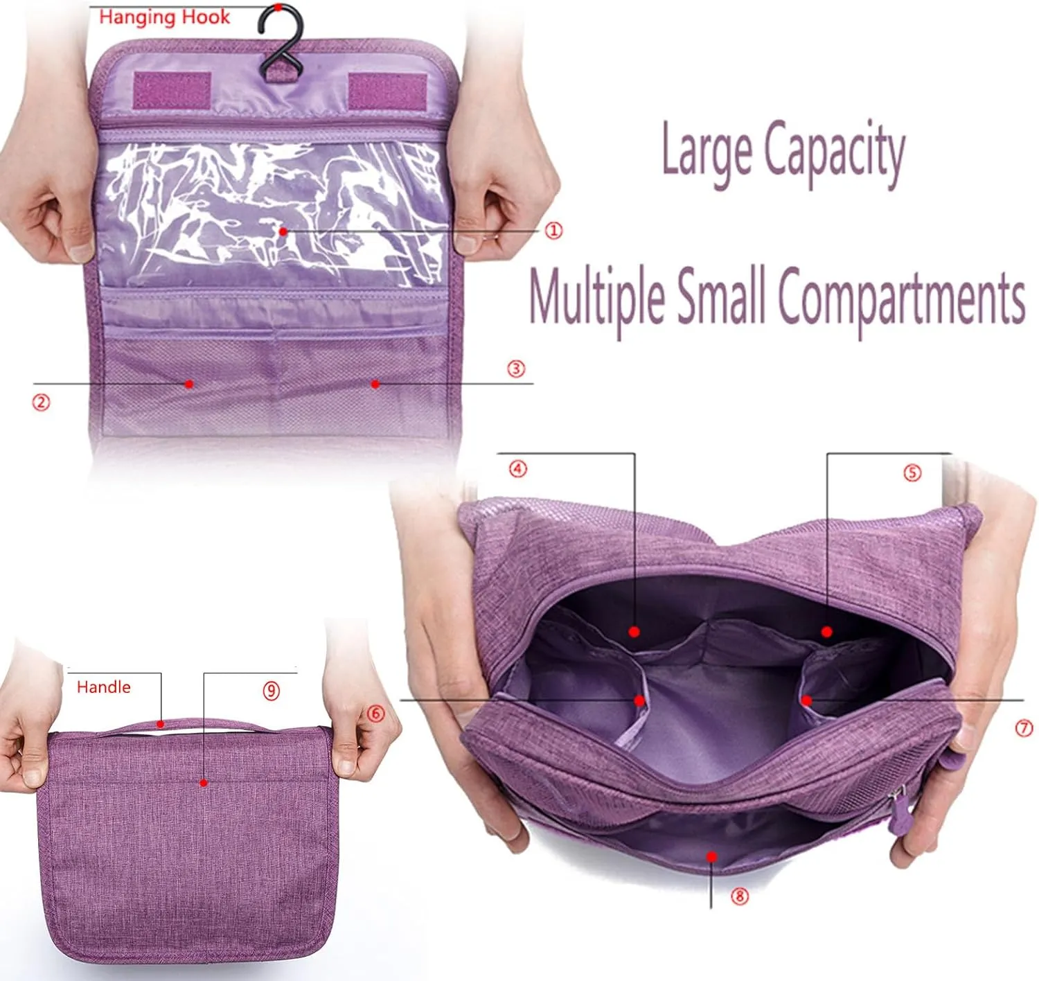 Travel Toiletry Bag with Hanging Hook, Water-resistant Makeup Cosmetic Bag (Grey), Purple