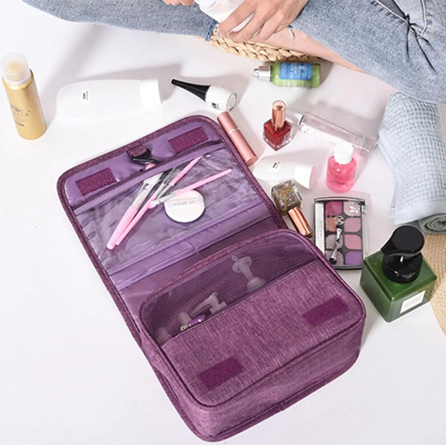 Travel Toiletry Bag with Hanging Hook, Water-resistant Makeup Cosmetic Bag (Grey), Purple
