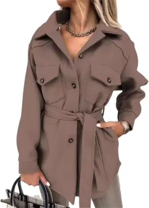 Trench Coat Women Long Sleeve Lapel Button Down Belted Jacket Outerwear Casual Peacoat Fall Outfit with Pocket Fashion