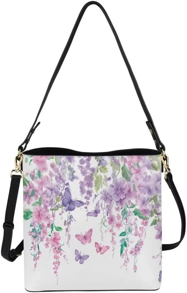 Trendy Shoulder Bucket Purses for Women Leather Casual Tote Crossbody Bucket Bag Multiple Pockets Shoulder Handbag