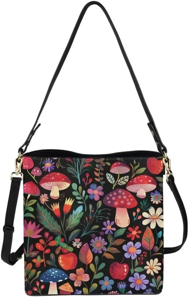 Trendy Shoulder Bucket Purses for Women Leather Casual Tote Crossbody Bucket Bag Multiple Pockets Shoulder Handbag