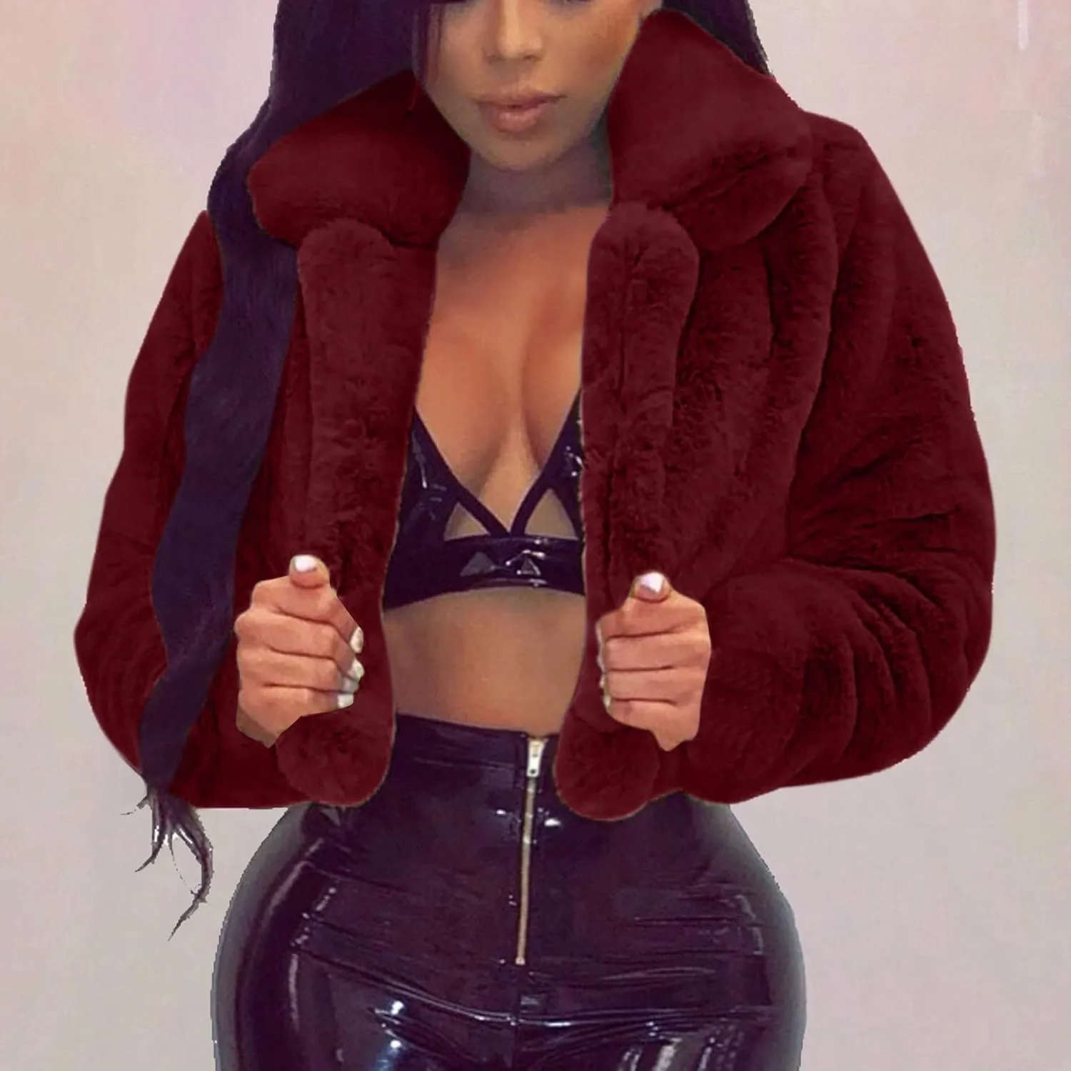 Trendy Winter Coats for Women 2023 Warm Faux Fur Jackets Solid Fleece Turn-Down Collar Outerwear Crop