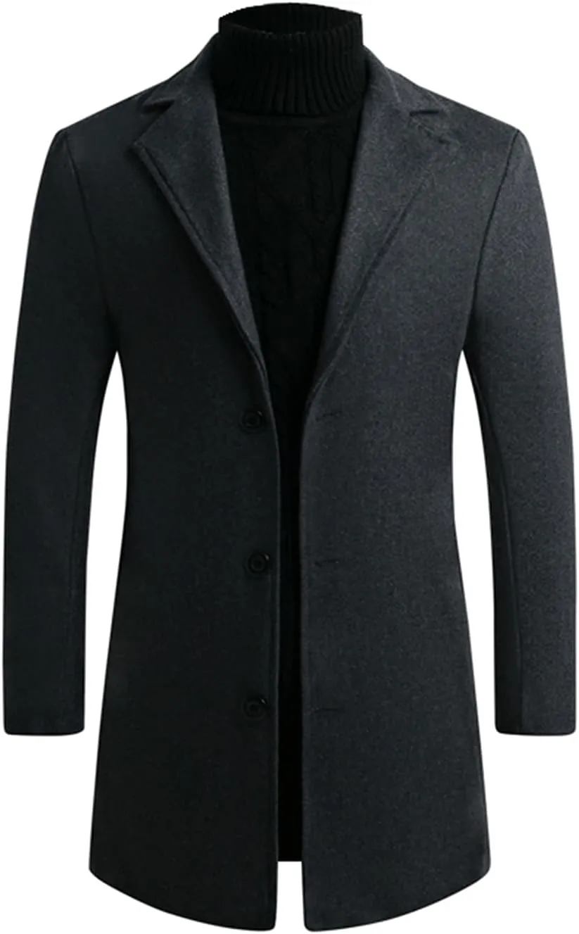 tuduoms Men's Classic Notched Collar Trench Coat Business Blazer Jacket Single Breasted Wool Pea Coat Slim Fit Long Jacket