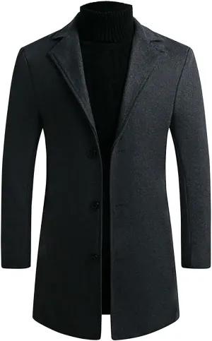tuduoms Men's Classic Notched Collar Trench Coat Business Blazer Jacket Single Breasted Wool Pea Coat Slim Fit Long Jacket