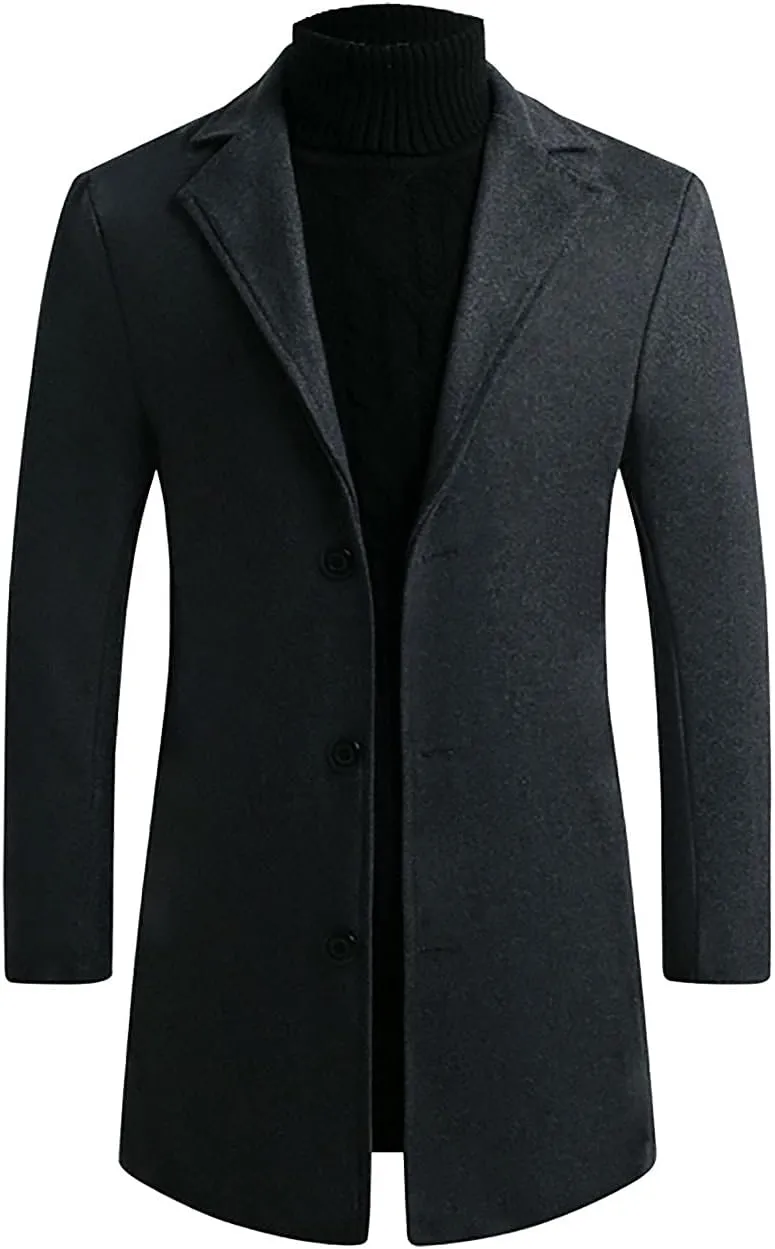 tuduoms Men's Classic Notched Collar Trench Coat Business Blazer Jacket Single Breasted Wool Pea Coat Slim Fit Long Jacket