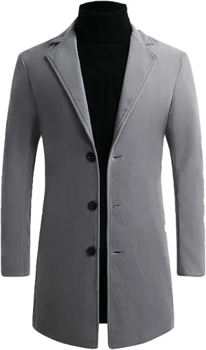 tuduoms Men's Classic Notched Collar Trench Coat Business Blazer Jacket Single Breasted Wool Pea Coat Slim Fit Long Jacket