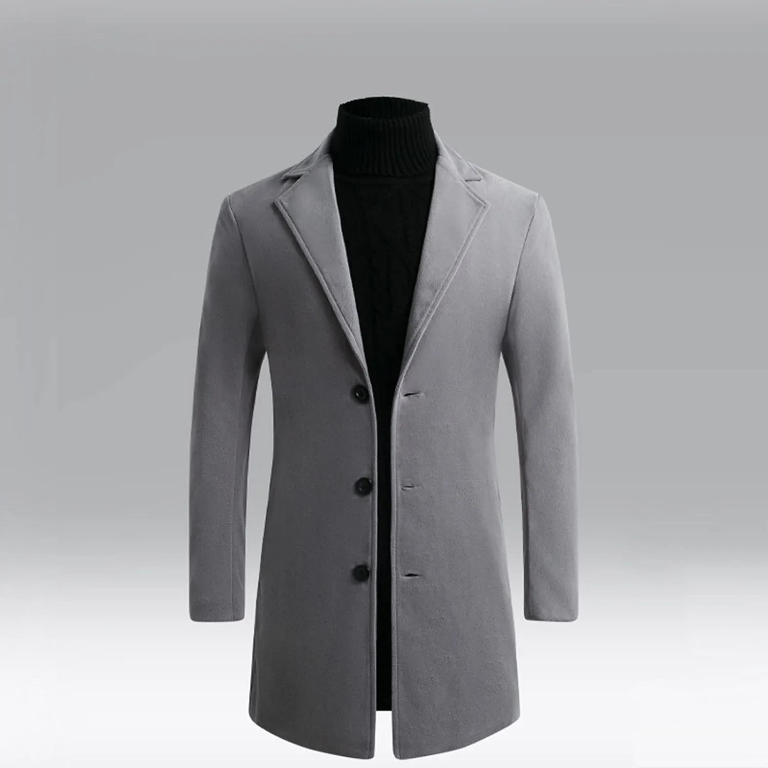 tuduoms Men's Classic Notched Collar Trench Coat Business Blazer Jacket Single Breasted Wool Pea Coat Slim Fit Long Jacket