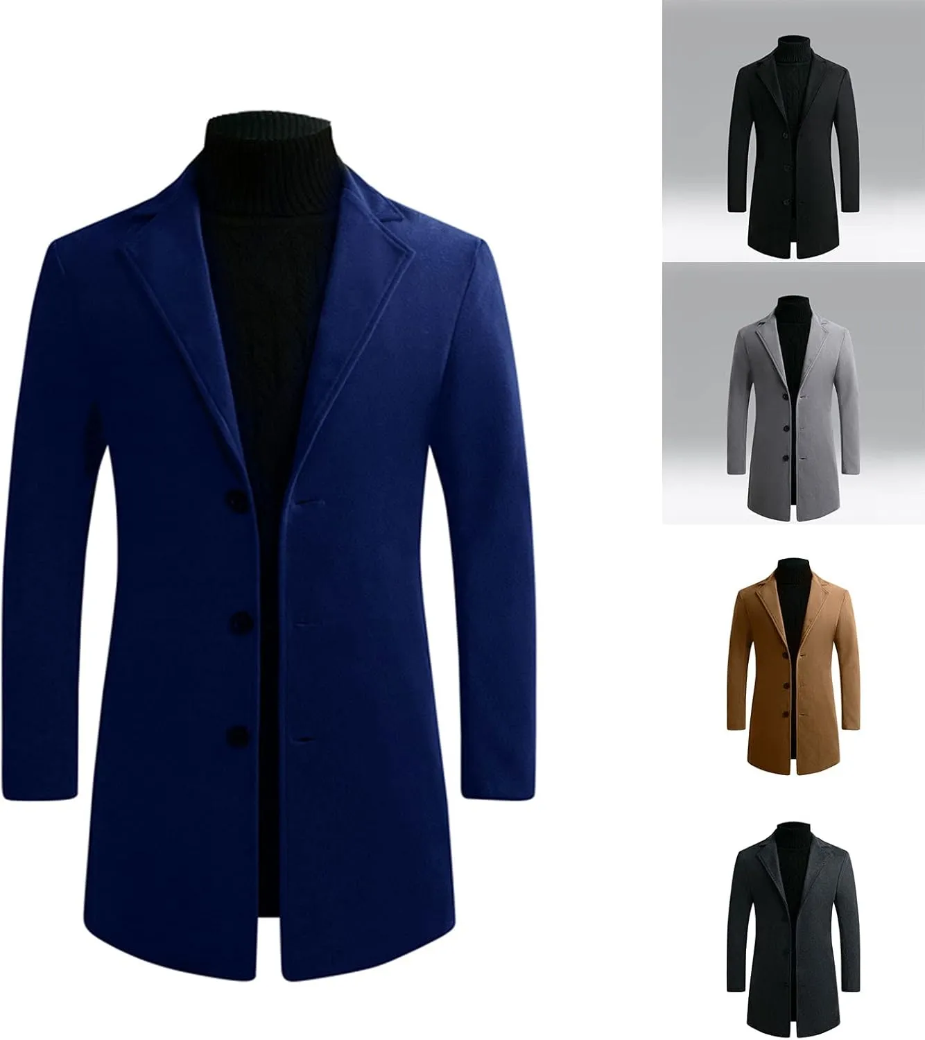tuduoms Men's Classic Notched Collar Trench Coat Business Blazer Jacket Single Breasted Wool Pea Coat Slim Fit Long Jacket