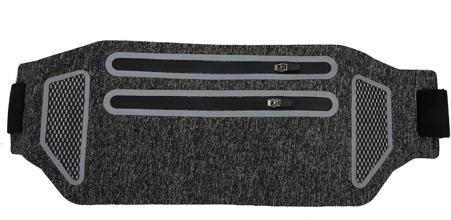 ULTRA SLIM WATER RESISTANT RUNNING WAIST BAG WITH TWO ZIPPER FOR OUTDOOR ACTIVITIES GREY