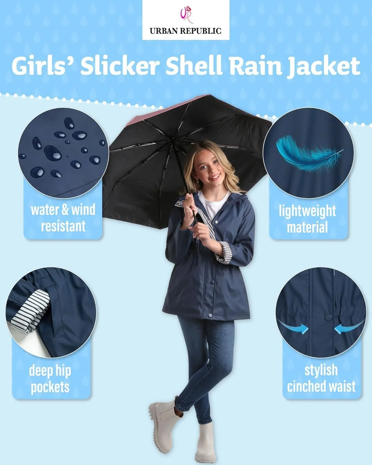 URBAN REPUBLIC Girls' Rain Jacket - Lightweight Waterproof Slicker Shell Hooded Raincoat for Travel, Hiking, and Golf (7-16)