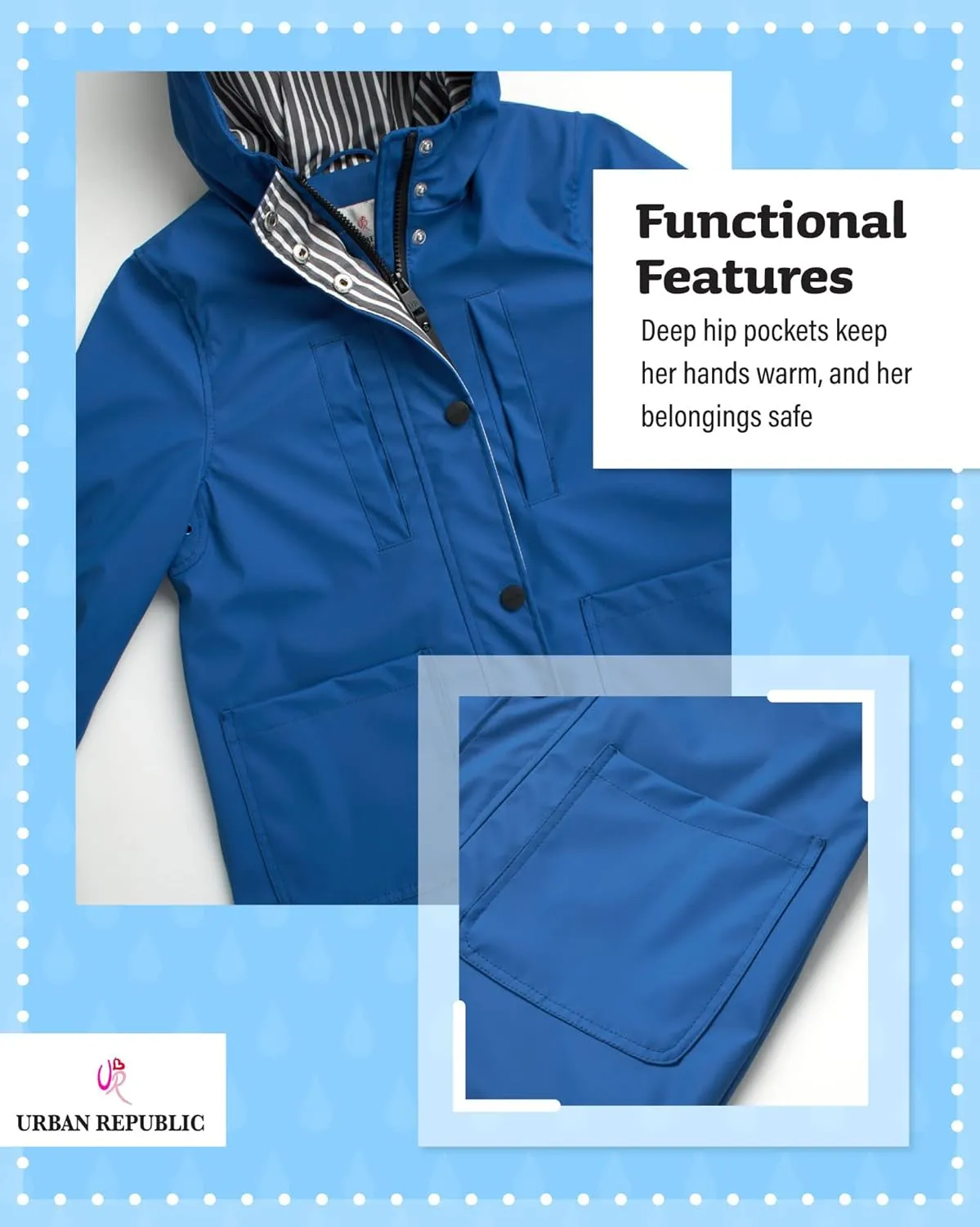URBAN REPUBLIC Girls' Rain Jacket - Water-Resistant Slicker Shell Outerwear Windbreaker Raincoat with Hood (Sizes: 7-16)