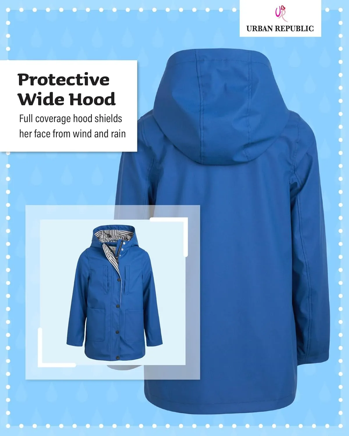 URBAN REPUBLIC Girls' Rain Jacket - Water-Resistant Slicker Shell Outerwear Windbreaker Raincoat with Hood (Sizes: 7-16)