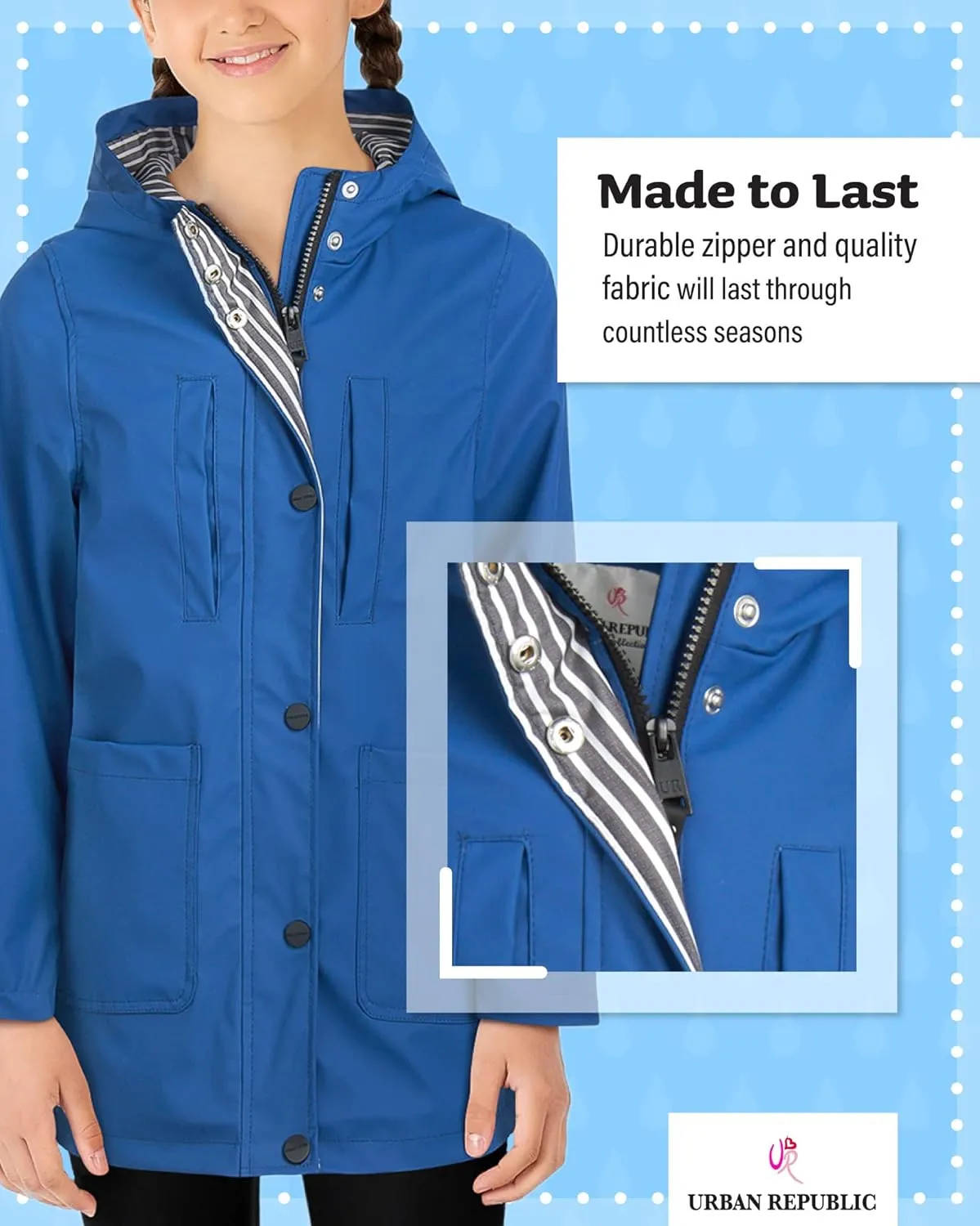 URBAN REPUBLIC Girls' Rain Jacket - Water-Resistant Slicker Shell Outerwear Windbreaker Raincoat with Hood (Sizes: 7-16)