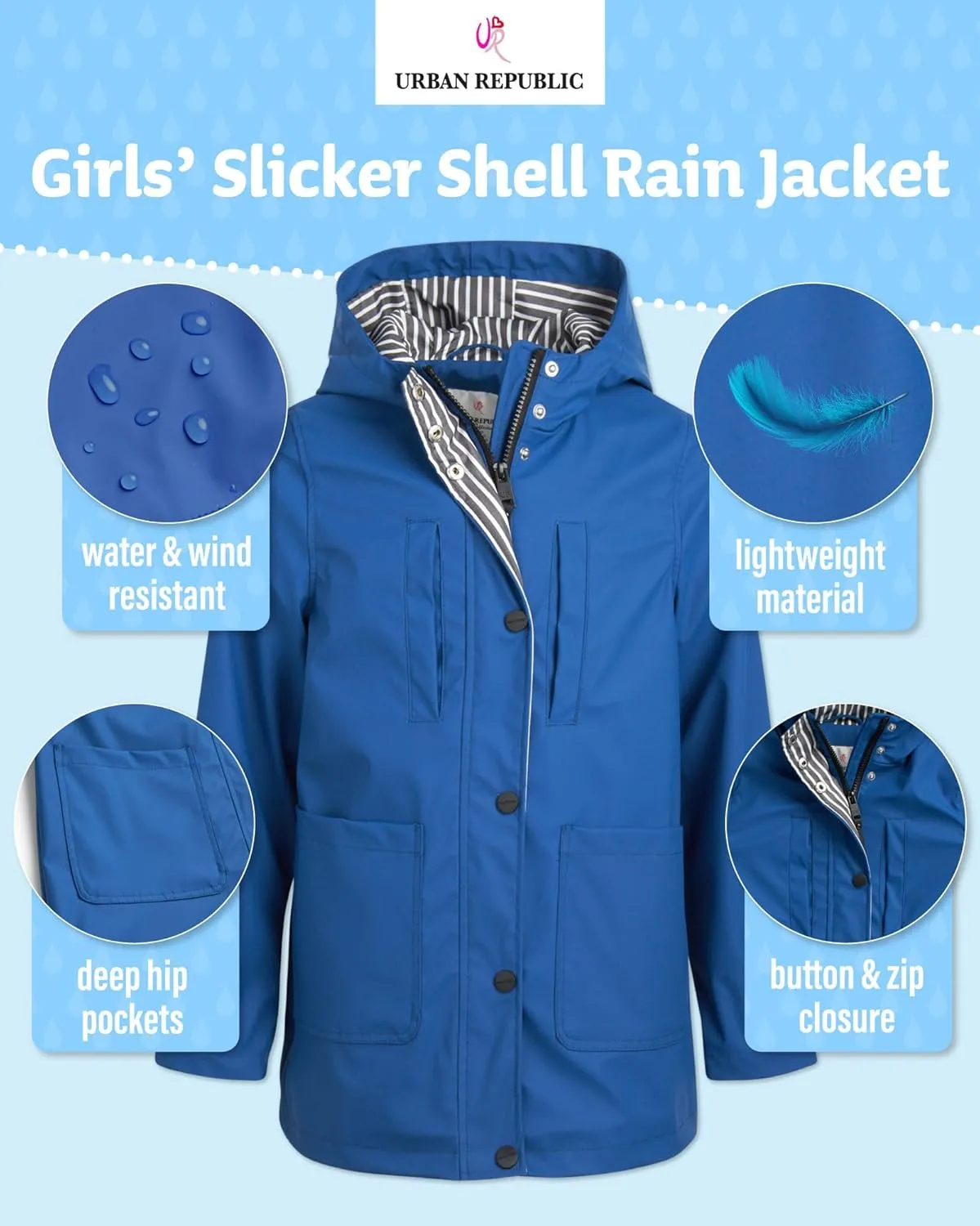 URBAN REPUBLIC Girls' Rain Jacket - Water-Resistant Slicker Shell Outerwear Windbreaker Raincoat with Hood (Sizes: 7-16)