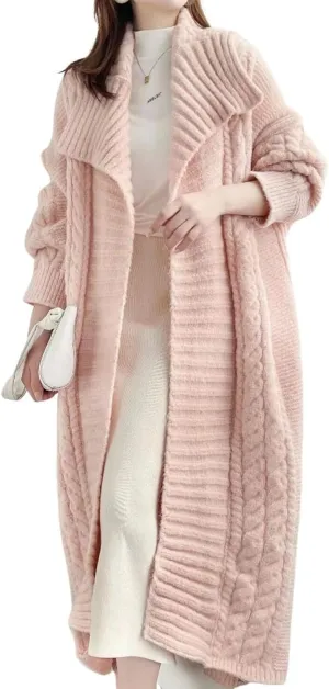 utcoco Long Cardigans for Women Lapel Open Front Knitted Long Cardigan Sweaters Outwear