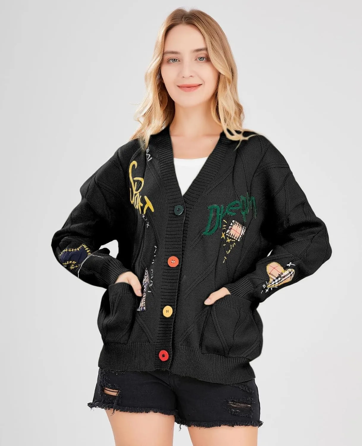 utcoco Womens Open Front Cardigan Cable Knit Long Sleeve Button Down Embroidery Cardigan Sweaters