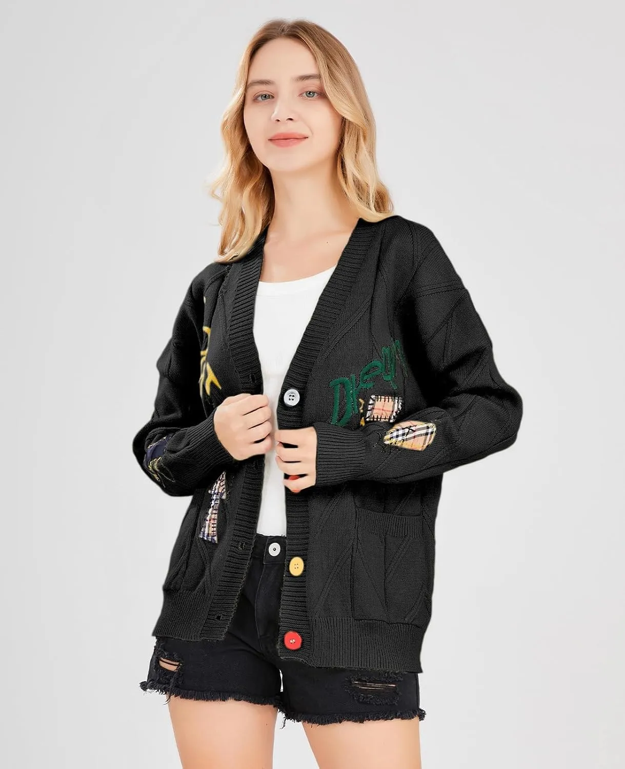 utcoco Womens Open Front Cardigan Cable Knit Long Sleeve Button Down Embroidery Cardigan Sweaters