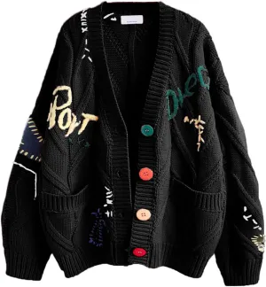 utcoco Womens Open Front Cardigan Cable Knit Long Sleeve Button Down Embroidery Cardigan Sweaters