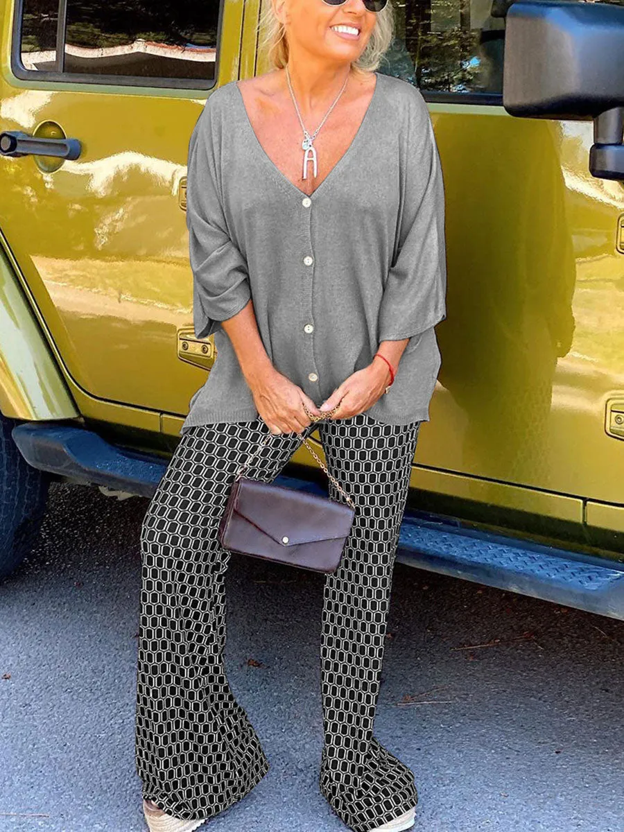 V-Neck Printed Trouser Suit