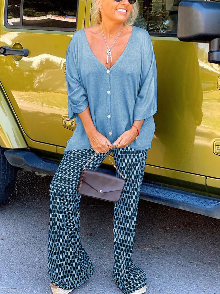 V-Neck Printed Trouser Suit