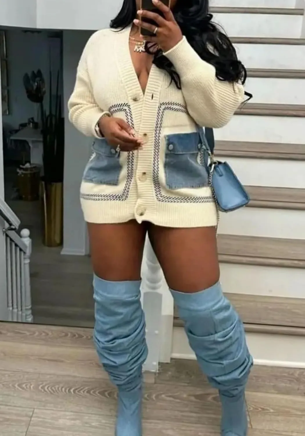 Vaceky Womens Cardigan Sweaters with Denim Pockets Oversized Button Down Open Front Chunky Sweater