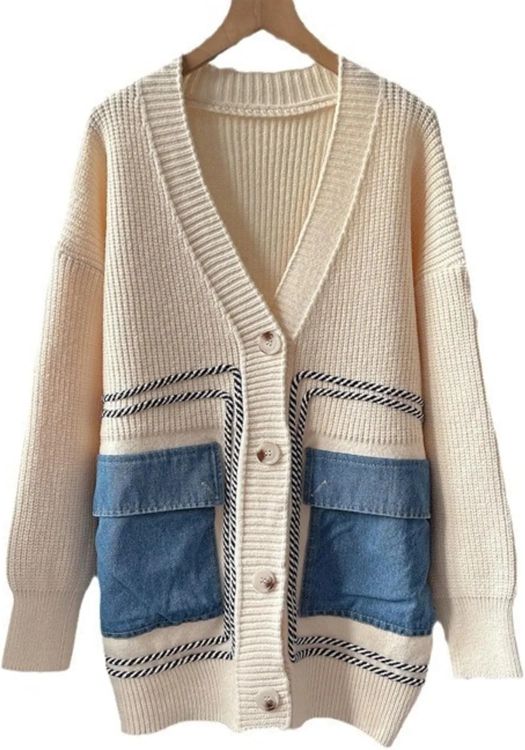 Vaceky Womens Cardigan Sweaters with Denim Pockets Oversized Button Down Open Front Chunky Sweater
