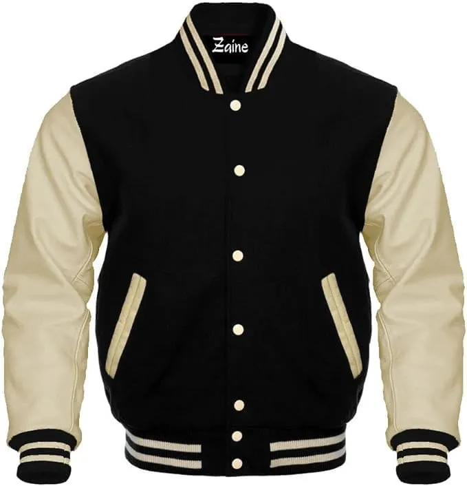 Varsity Baseball Bomber Wool & Genuine Leather Sleeves Jacket